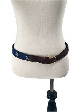 Preston & York Lacrosse Stick Ribbon Belt Sz 30 Navy Leather Trim Preppy USA